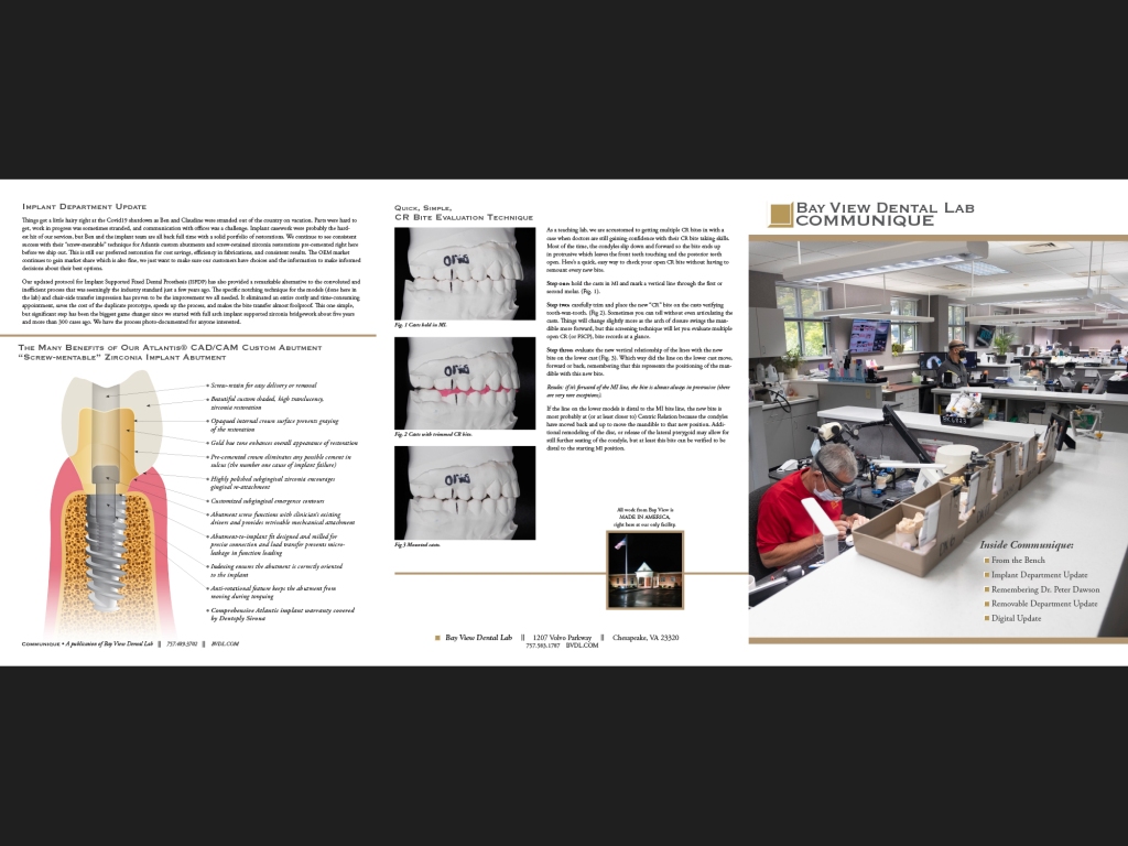 Bay View Dental Lab Communique, Spring 2020. Inside panel, back and front cover.