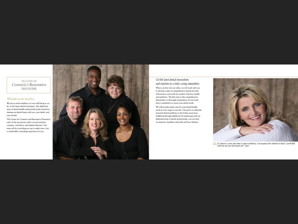 The Center for Cosmetic & Restorative Dentistry promotional booklet, inside front cover and page 1.