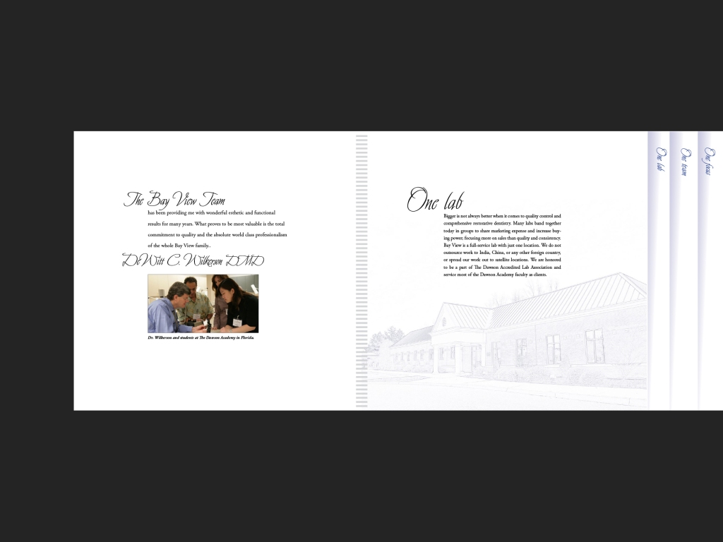 In-house promotional booklet for Bay View Dental Lab, page 3-4.