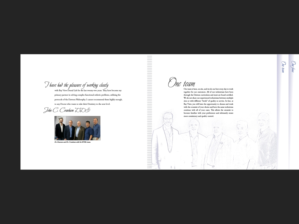 In-house promotional booklet for Bay View Dental Lab, page 5-6.
