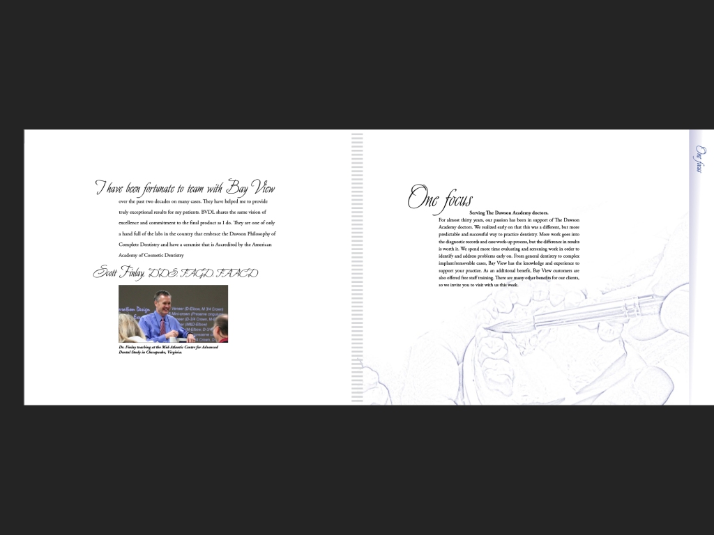 In-house promotional booklet for Bay View Dental Lab, page 7-8.